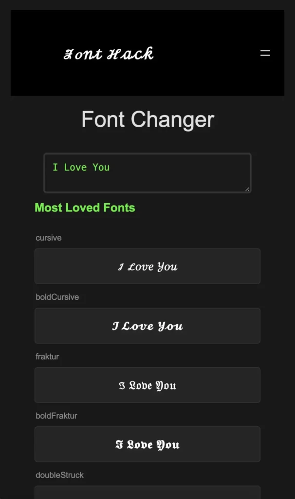 FontHack font changer tool transforming user-entered text "I Love You" into various font styles instantly.